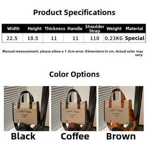 Size specifications and triple color options for mini canvas tote bags with leather trim