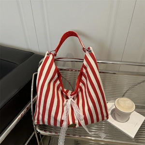 Striped Canvas Tote Bag With Lace Bow Large Capacity Commuter Shoulder Bag For Women Vintage Style Handmade Tag