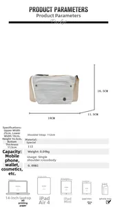 Detailed size specifications for a compact white shoulder bag with dimensions and capacity