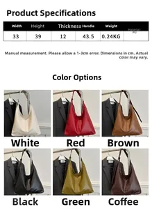 Detailed size chart and parameter specifications for the lightweight luxury PU leather tote bag