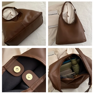 Detail of spacious dark brown Hobo bag interior showing magnetic closure and daily items