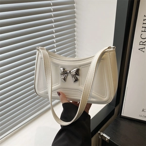 Borsa A Spalla Da Donna Sottobraccio Baguette Pelle PU Decorazione Fiocco In Metallo Cucitura Geometrica Moda Versatile