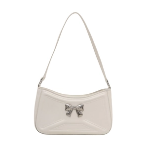 Elegante borsa sottobraccio in pelle bianco crema con fiocco in metallo argento