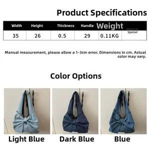 Size specifications for the denim tote bag with dimensions and cute bow tie detail
