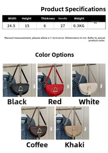 Detailed size chart and five color options for this trendy PU leather saddle shoulder bag