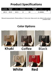 Size chart and five color variants of rhinestone buckle shoulder bags in PU leather
