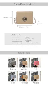 Detailed size parameters and six available colors for this stylish PU camera crossbody bag