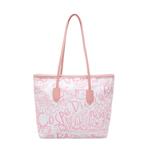 White canvas graffiti tote bag with pink handles and cartoon cat pattern for women