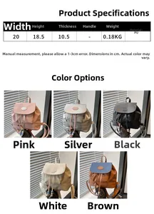 Size guide for PU leather small backpack showing dimensions 20x18.5x10.5cm and colors