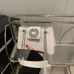 Women PU Leather Shoulder Bag Rhinestone Buckle Chain Strap Underarm Flap Bag Fashion Urban Minimalist Accessory