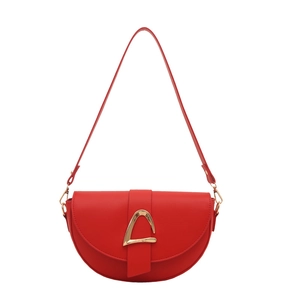 Red matte leather half-moon saddle bag with golden triangle clasp and long shoulder strap