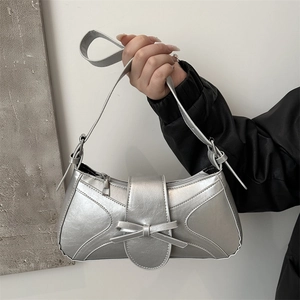 Sac Sous le Bras en Cuir PU à Nœud Papillon pour Femmes Sac à Bandoulière de Couleur Unie Métallique Fourre-Tout Quotidien