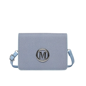 Light blue denim shoulder bag with silver M logo and adjustable leather strap