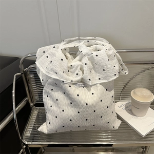 White floral mesh tote bag with ruffle trim and bubble texture fabric for women