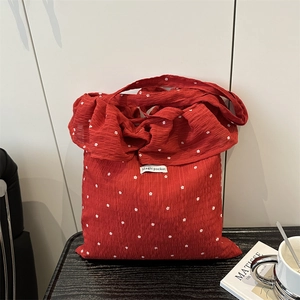 Red mesh shoulder bag with floral print and ruffle texture for summer beach vacation
