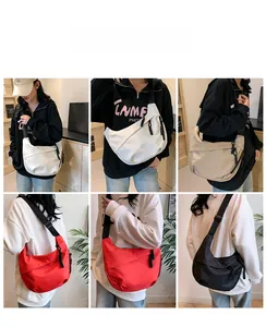 Detailed views of crossbody crescent bags in four colors styled on models in daily outfits