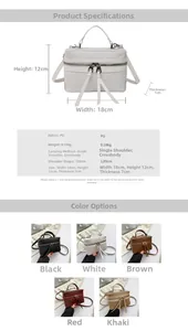 Guide des tailles indiquant 18x12x7cm pour le sac boîte en PU avec bandoulière