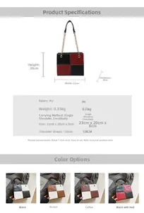 Detailed size chart and multi-color specifications for the contrast small square bag