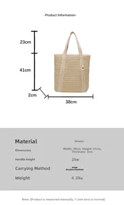 Detailed size chart for beige woven tote bag with dimensions 38x41x2cm and handle height 23cm
