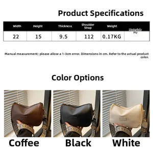Size chart for women PU leather bag showing 22x15x9.5cm dimensions and color options
