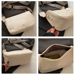 Detail view of cream PU leather crossbody bag with geometric woven strap and interior capacity