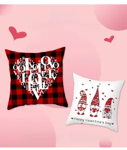 Detail view of Valentine's peach skin pillow covers with gnome and buffalo plaid heart