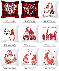Detail view of nine Valentine peach skin pillowcases with red gnomes and heart patterns