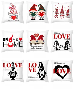 Detail of nine Valentine's Day pillow covers featuring gnomes and romantic heart patterns
