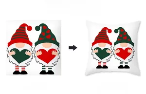 Detail showing custom printed Valentine gnomes design on peach skin square cushion cover