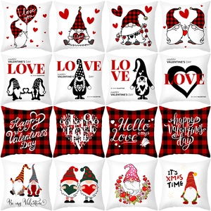 Valentine's Day Gnome Heart Print Pillowcase Buffalo Plaid Peach Skin Decorative Throw Pillow Cover For Living Room Decor
