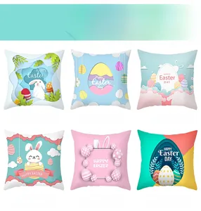 Dettaglio di sei federe pasquali con motivi digitali di coniglietti e uova colorate