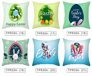 Dettaglio di sei federe pasquali con coniglietti e stampe di uova colorate