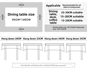 Size guide for Nordic linen tablecloth with drop length recommendations for tables