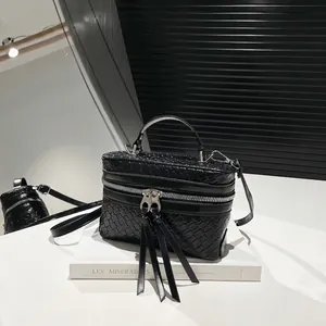 Women Woven Texture Bucket Shoulder Bag PU Leather Boxy Handbag With Long Tassels Double Zipper Crossbody Bag Fashion Gift