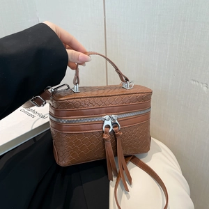 Sac Boîte pour Femmes en Cuir PU Tissé Sac à Main Tressé de Mode Avec Fermeture Éclair à Franges Bandoulière Réglable