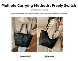 Detail of black crocodile pattern tote bag showing versatile shoulder and handbag carry styles