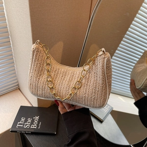 Sac baguette rétro en paille tressée avec bandoulière chaîne en métal doré pour femme