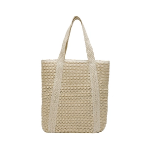 Light beige woven straw tote bag with wide handles for beach and daily casual use