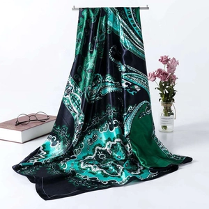 Retro paisley print silk satin square scarf in dark green and black, 90cm size