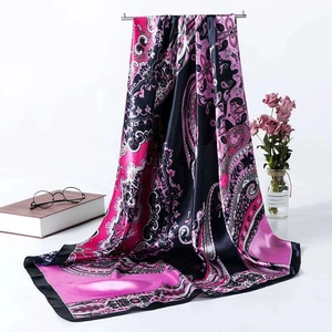 Elegant 90cm paisley print satin scarf with retro ethnic floral patterns in rose and black