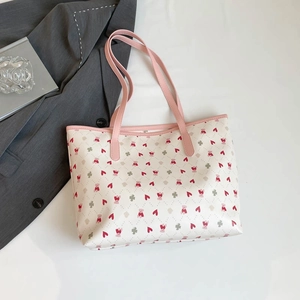 Grand sac cabas beige avec imprimés oursons et cœurs, anses roses pour femmes