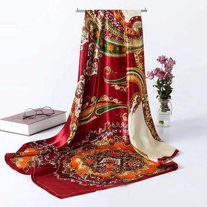 Retro paisley print 90cm satin silk scarf with bohemian patterns and red orange tones