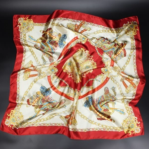 Equestrian horse and chain print 90cm silk square scarf in red and gold baroque design