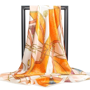 Classic 90cm silk square scarf with orange horse harness and chain pattern on white base