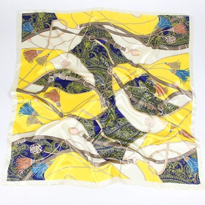 Elegant 90cm square silk scarf with chain, paisley and tassel print in yellow and navy blue