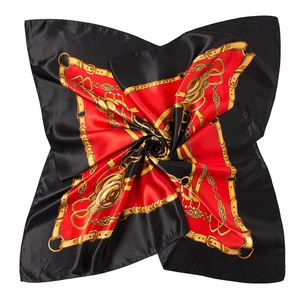90x90cm red and black satin square scarf featuring golden chain and belt prints