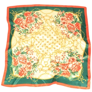 Elegant emerald and orange satin silk square scarf with floral and golden chain patterns