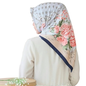 Floral satin square scarf with pink peonies and golden chains on a blue background