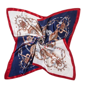 Elegant chain print satin silk square scarf with classic equestrian patterns on white background