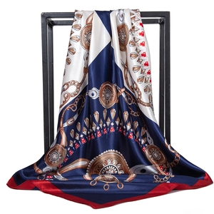 Square Scarf Satin Polyester Satiny Large Chain Print Equestrian Style Elegant Fashion For Women Luxury Smooth Wrap